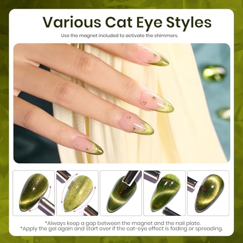 Image of Beetles Green Cat Eye Gel Nail Polish - 15ML Olive Green Cat Eye Glitter Magnetic Gel Polish Soak Off Uv Nail Art Manicure Gifts for Women