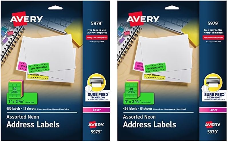 Avery Etiquetas de dirección imprimibles con alimentación segura, 1 pulgada x 2-58 pulgadas, neón surtidos (magenta, verde y amarillo), 450