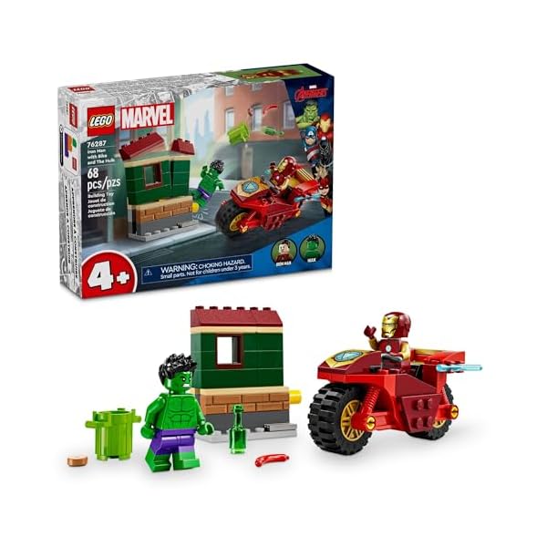 LEGO Marvel Iron Man with Bike and The Hulk Building Set, Easy Build Marvel Toy for Kids, Collectible Playset with Motorcycle Toy and 2 Minifigures, Great Gift for Boys and Girls Ages 4 and Up, 76287
