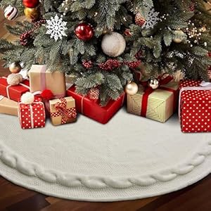 Knitted christmas tree skirt knit christmas tree mat multiple braided cable knit thick rustic christmas tree decorations 36 inches thick beige cream white tree skirt  urban country home decor