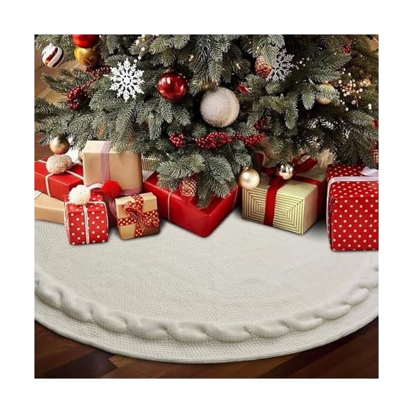 Knitted christmas tree skirt knit christmas tree mat multiple braided cable knit thick rustic christmas tree decorations 36 inches thick beige cream white tree skirt  urban country home decor