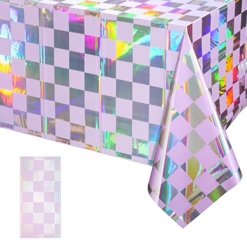 Image of 1Pack Iridescent Checkered and Purple Plastic Tablecloths Shiny Disposable Laser Rectangle Table Covers Holographic Foil Tablecloth Iridescent Party Decorations Birthday Bridal Baby Shower, 54x108Inch
