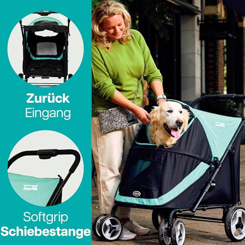 Hundebuggy groß Innopet Mamut blau/schwarz – Rahmen bis 50kg belastbar, inkl. Regenschutz, einhändig klappbar – drehbare Vorderräder – Hundewagen für mittelgroße Hunde oder mehrere kleine Hunde