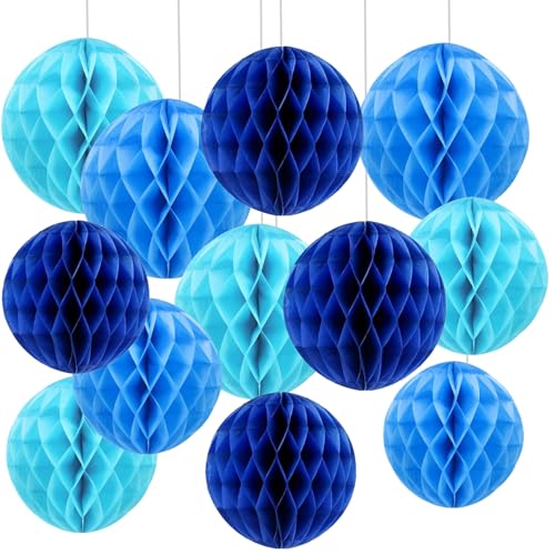 Lot de 12 Boules en Papier nid d'abeille Bleu,Honeycomb Balls,Papier Pompom pour Bleu Décoration de Fête
