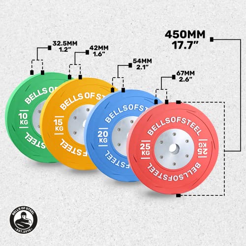 Image of Bells of Steel Competition Bumper Plates - Low Bounce, Vibrant Colour-Coded, Virgin Rubber Olympic Plates for Commercial and Home Gym - 450 mm Plate Diameter, 190 kg Weight Set