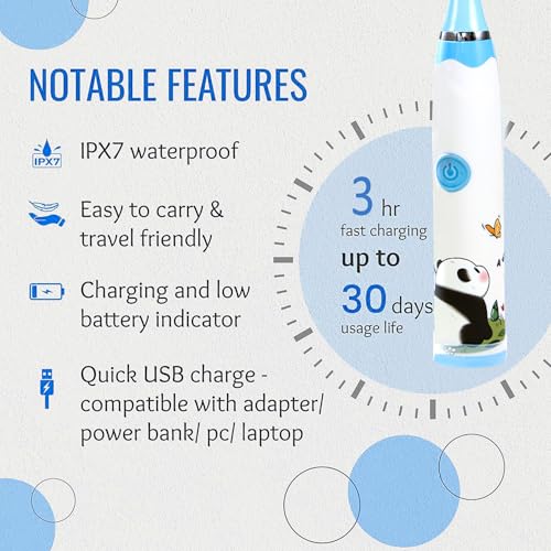 Image of Obvie Sonic Electric Kids Toothbrush with 4 Brushing Modes, 19000 Strokes per minute, IPX7 Waterproof, Soft Nylon Bristles, Rechargeable Battery, Electric Power Tooth Brush, 3 Heads (W-Panda)