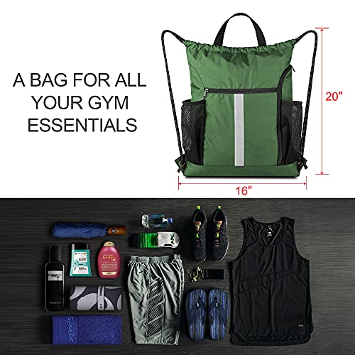 Image of BeeGreen Green Drawstring Bag Gym Cinch Backpack w Shoe Compartment and Two Side Pockets Machine Washable Sports Sinch Sack String Sackpack for Swim Equipment Beach Travel