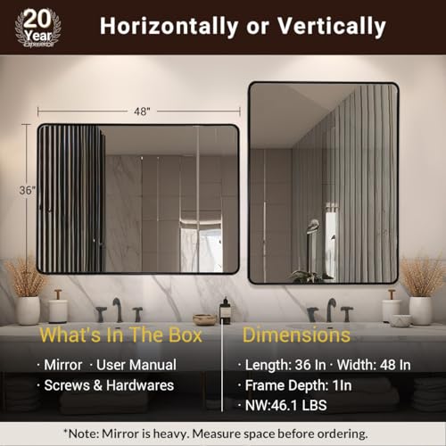 Image of ANDY STAR 48X36 Inch Black Bathroom Mirror, Matte Black Vanity Mirrors for Wall, Rounded Rectangle Mirror for Bathroom, Seamless Tube Metal Frame, 1'' Deep Wall Mounted Vertical /Horizontal