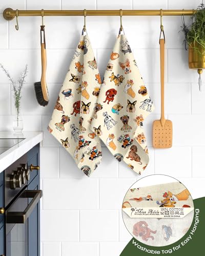 Image of Miss Adola 150GSM Flour Sack Kitchen Towels Set of 2, Dog Lovers | 18 inchx26 inch, Lightweight, Lint-Free, Pure Cotton, Decorative, with Hanging Loop, Absorbent, Softer after Wash, Giftable Package