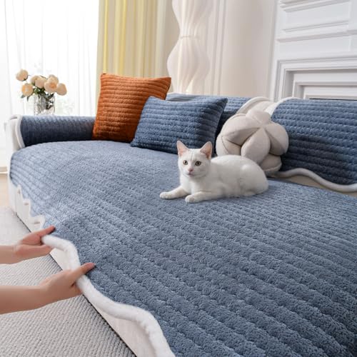 LiveGo Milk Velvet Sofa Cover - Washable Pet-Friendly Couch Cover, Non-Slip Fuzzy Sofa Protector for 2/3/4 Seater, Soft Dog-Resistant Furniture Cover for Living Room (Dark Blue A, 70 * 150cm)