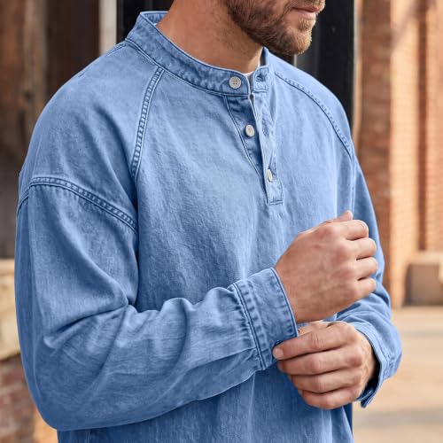 Men's Denim Shirt Washed Vintage Pullover Henley Shirt Denim Blouse - image 4