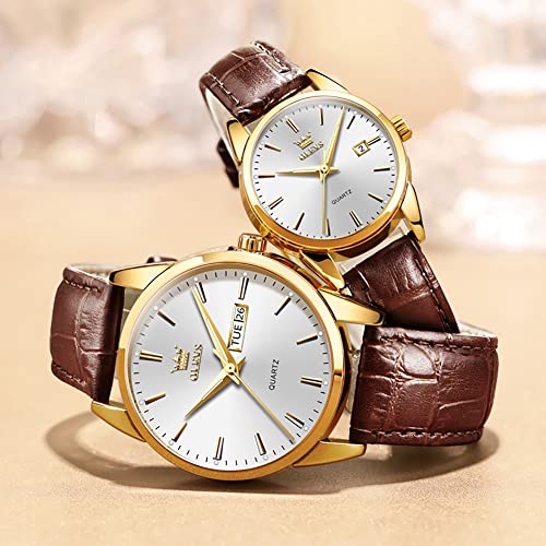 Image of OLEVS Couple Watches Quartz Calendar Luminous Waterproof Leather Luxury Casual Wrist Watch for Men & Women Best Gift for Anniversary, Valentine's Day