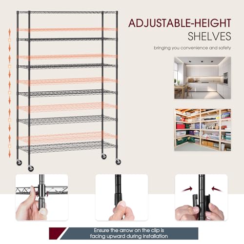 Image of BestOffice | 6-Tier Wire Storage Shelves with Wheels | 48x18x77 | Black | Adjustable Racks | Heavy-Duty Metal Shelf, Holds Upto 600 lbs | No-Tool Assembly | Ideal for Home & Garage Shelving