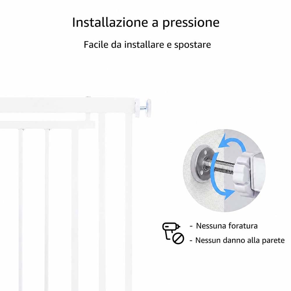 unipaws Cancello per gatti extra alto, regolabile in altezza 119-220 cm, adatto per aperture larghe 70-95 cm, cancello per animali domestici in metallo senza foratura, con porta a due vie, per porte