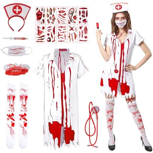 CHENBOOW Halloween Kostüm Damen,Blutige Krankenschwester Kostüm,Zombie Krankenschwester Kostüm Damen,Costumes Zombie,Blutbefleckt Weiß Langarm...