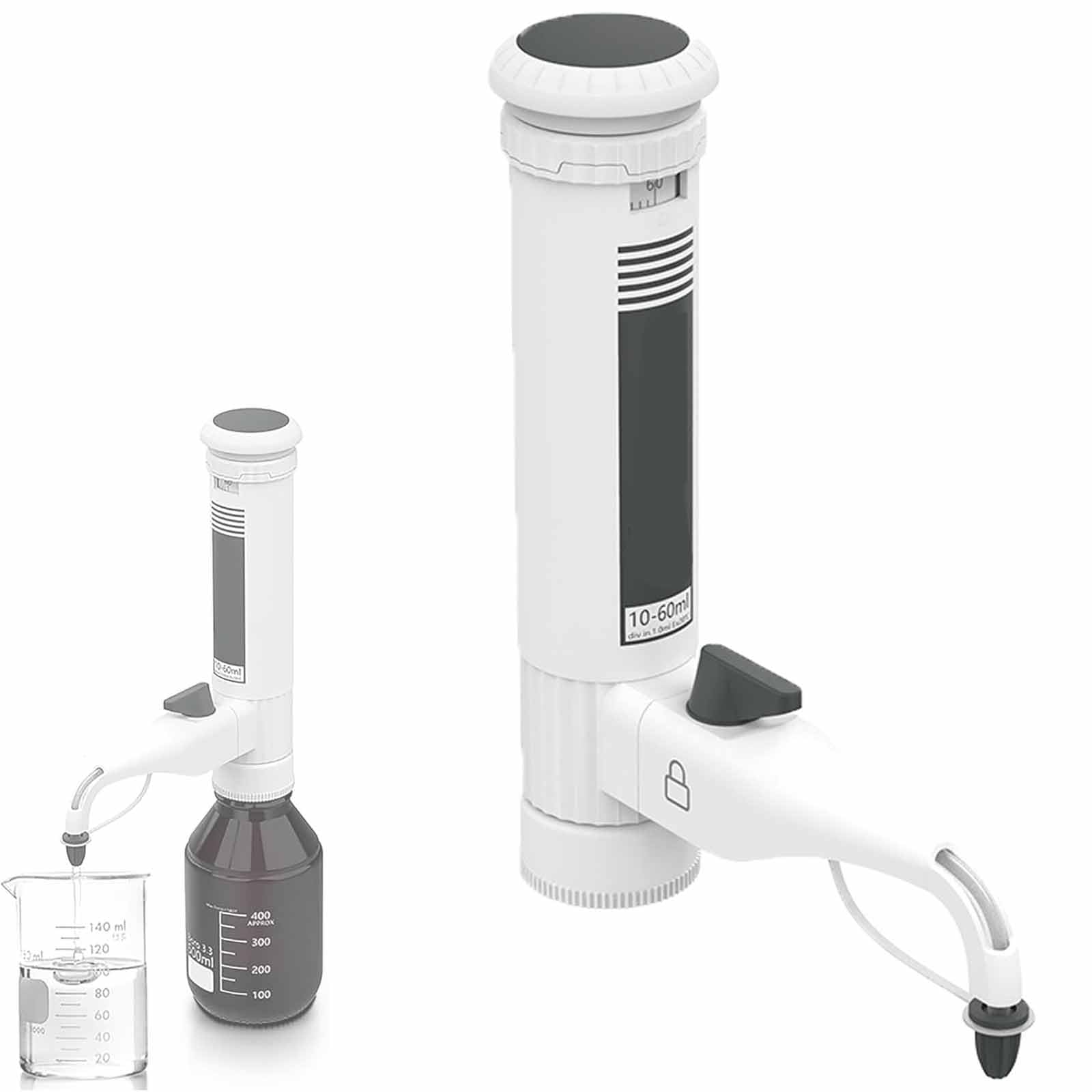 Dispensador de pipetas ajustable para botella de laboratorio, 10-60 ml con 5 adaptadores y ventana digital, botón de escala y válvulas dobles