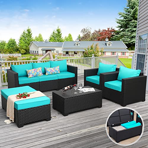 Rattaner Patio Wicker Furniture Set 6 Pieces Outdoor Pe Rattan Conversation Couch Sectional Chair Sofa Set With Turquoise Cushion. #TOP1