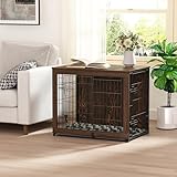 Megidok Wooden Dog Crate Furniture with Cushion,Medium Dog Crate End Table with Tray, Double Doors Kennels Indoor (32' L*22' W*26' H, Rustic Style)