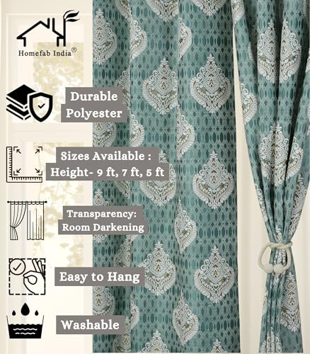 Image of Homefab India 2 Piece Polyester Printed Curtains Room Darkening Panel - Long Door 9 feet, Damask Green Curtain