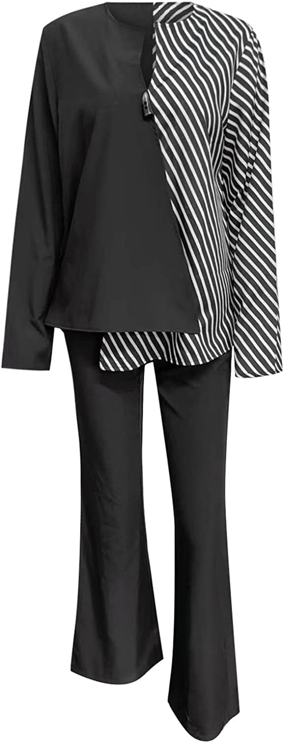 Las Mujeres de Bloqueo de Color Pantalones Sueltos Traje de Dos Piezas Elegante Traje Casual Formal de 2 Piezas de Manga Larga Casual Tops Noche Pantalones de Las Mujeres