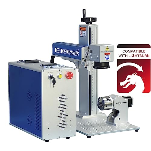 JPT Fiber Laser Marking Machine Class 4 Output Power 50,000mW Fiber Laser Engraver 50W, 300×300mm with 80mm Rotary Axis and Hightened 800mm Tower Lightburn Compatible