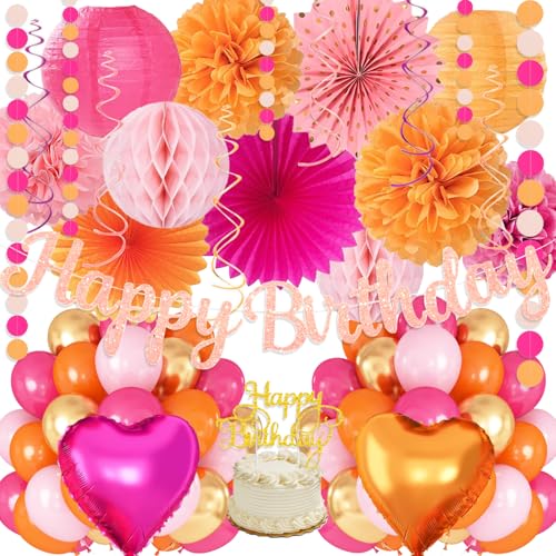 Image of Hot-Pink Orange Birthday Decoration for Women Girl, Fall Peach Burnt-Orange Gold Balloon Decor-Happy Banner, Streamers Lanterns Honeycomb, Tissue Flowers Pom Poms Fan, Boho Sunset Autumn Party Decor