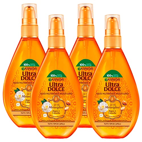 Garnier Ultra Dolce Olio di Argan per Capelli Trattamento Protettivo e Nutriente Formula Spray con Camelia ad Azione Illuminante Multi-Uso Oli Meravigliosi con Estratti Naturali - 4 Flaconi da 150ml