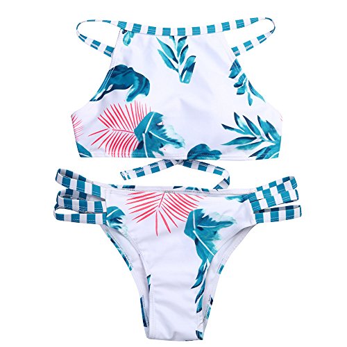 2018 Swimsuit,Fashion Women Two Pieces Push Up Leaves Printed Bandage Halter Bikini (Blue, M)