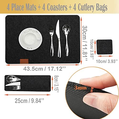 Placemats Set of 4, Felt Table Mats with 4 Place Mats, 4 Coasters and 4 Cutlery Bags, Heat-Resistant Washable and Wipeable Placemat Set for Dining Party Home Restaurant (Black)