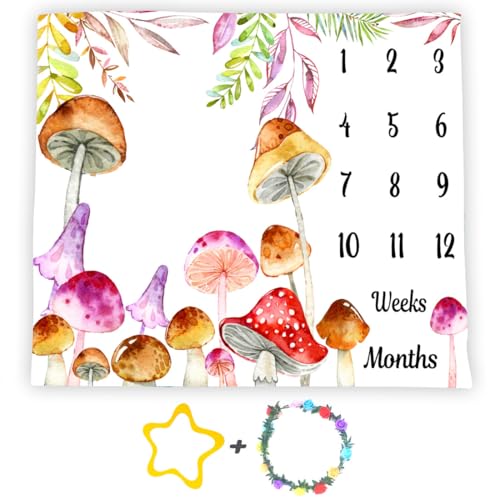 Image of Mushroom Theme Baby Monthly Milestone Blanket, 48x40in Soft Flannel, Watercolor Backgrounds, Newborn Mom Gifts, Baby Shower Age Growth Tracker with Bonus Maker BTLSSS1