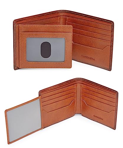 VANNANBA Bifold Front Pocket Wallets, Full Grain Leather Large Capacity Wallet with 2 ID Windows, 11 Card Slots, 2 Cash Pockets & RFID Blocking,Gift for Men(Brown)