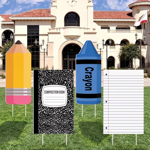 Pinkunn 4 Pcs 20 Inches Kindergarten Back to School Yard Decorations Pencil Crayon Composition Notebook Classroom Decor First Day of School Yard Lawn Signs Photo Props for Outdoor Preschool Daycare