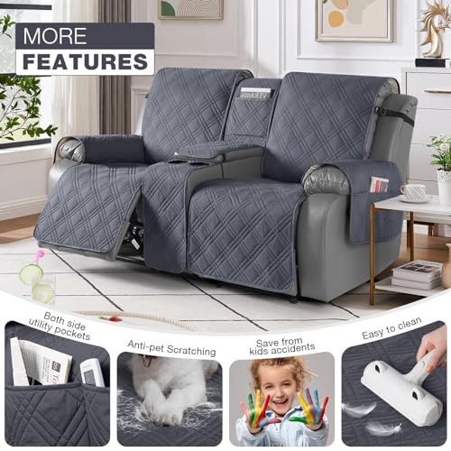Image of TAOCOCO Loveseat Recliner Cover with Console, Non-Slip Split Reclining Pet Cover for Dual Loveseat Recliner, Furniture Protector with Elastic Straps (2 Seater, Dark Grey)