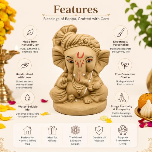 Image of Clay Ganesh Idol, 4 Inches Height, Water Soluble Ganpati Murti for Ganpati Visarjan (Small) (Natural Brown - Bal Ganesha)