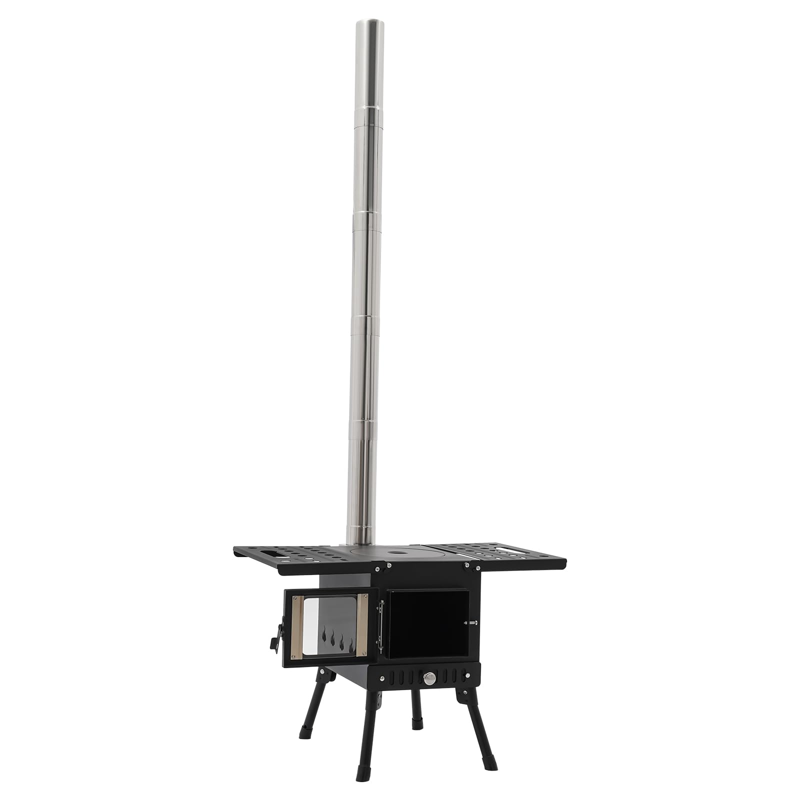 Estufa de leña plegable para camping con chimenea, altura regulable 36-56 cm, hornillo portátil para exteriores, barbacoa y calefacción (acero inoxidable)