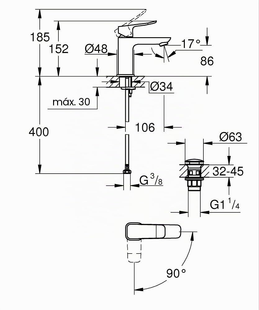 GROHE Dice Grifo de Lavabo S con Desagüe Push-Open (Cartucho Cerámico 28 mm, Ahorro de Agua y Energía, Conexiones 3/8", Fácil de Instalar QuickTool Incluido), Cromado, 1018610000
