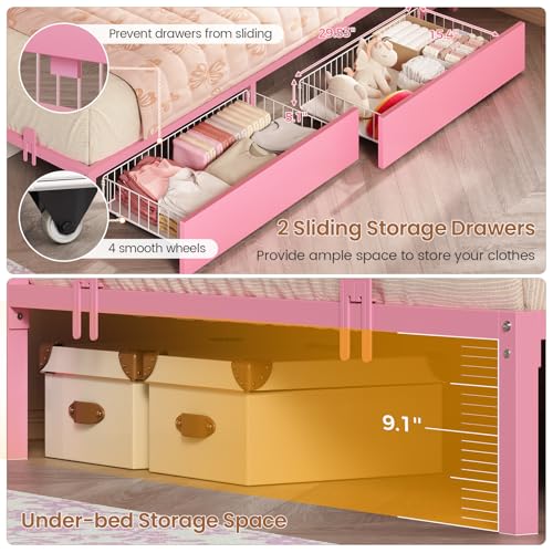 Image of Hasuit Twin XL Corner Bed Frame with Storage Drawers and Bookcase Headboard, Twin xl Size Metal Platform Bed Frame for Girls with Charging Station and LED Lights, Twin XL Daybed for Kids Bedroom, Pink