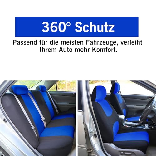 WODHMIEY Universal Autositzbezüge Set Atmungsaktiv Strapazierfähig Waschbar 5-Sitze Schonbezüge für Vordersitze&Kopfstützen Vier Jahreszeiten Autoinnenraum Schutz Schmutzabweisend (Schwarz Blau)