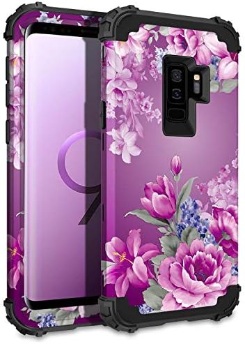 Lontect Compatible Galaxy S9 Plus Case Floral 3 in 1 Heavy Duty Hybrid Sturdy High Impact Shockproof Protective Cover Case for Samsung Galaxy S9 Plus - Black/Purple Flower