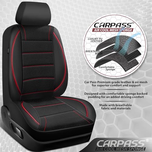 Image of CAR PASS Air Mesh Leather Car Seat Covers Front Seats, Breathable Two Front Seat Covers for Cars, Comfortable Universal Fit for SUV Truck Sedan Automotive, Anti-Slip Airbag Compatible,Black and Red