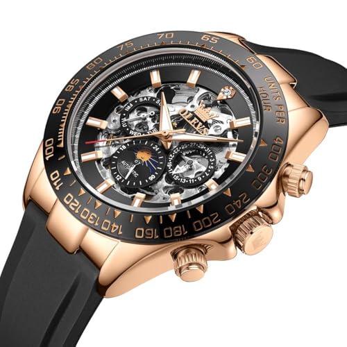 Image of OLEVS Self Winding Watches for Men Automatic Mechanical Skeleton Luxury Dress Waterproof Moon Phase Tourbillon Chronograph Stainless Steel Luminous Wristwatch