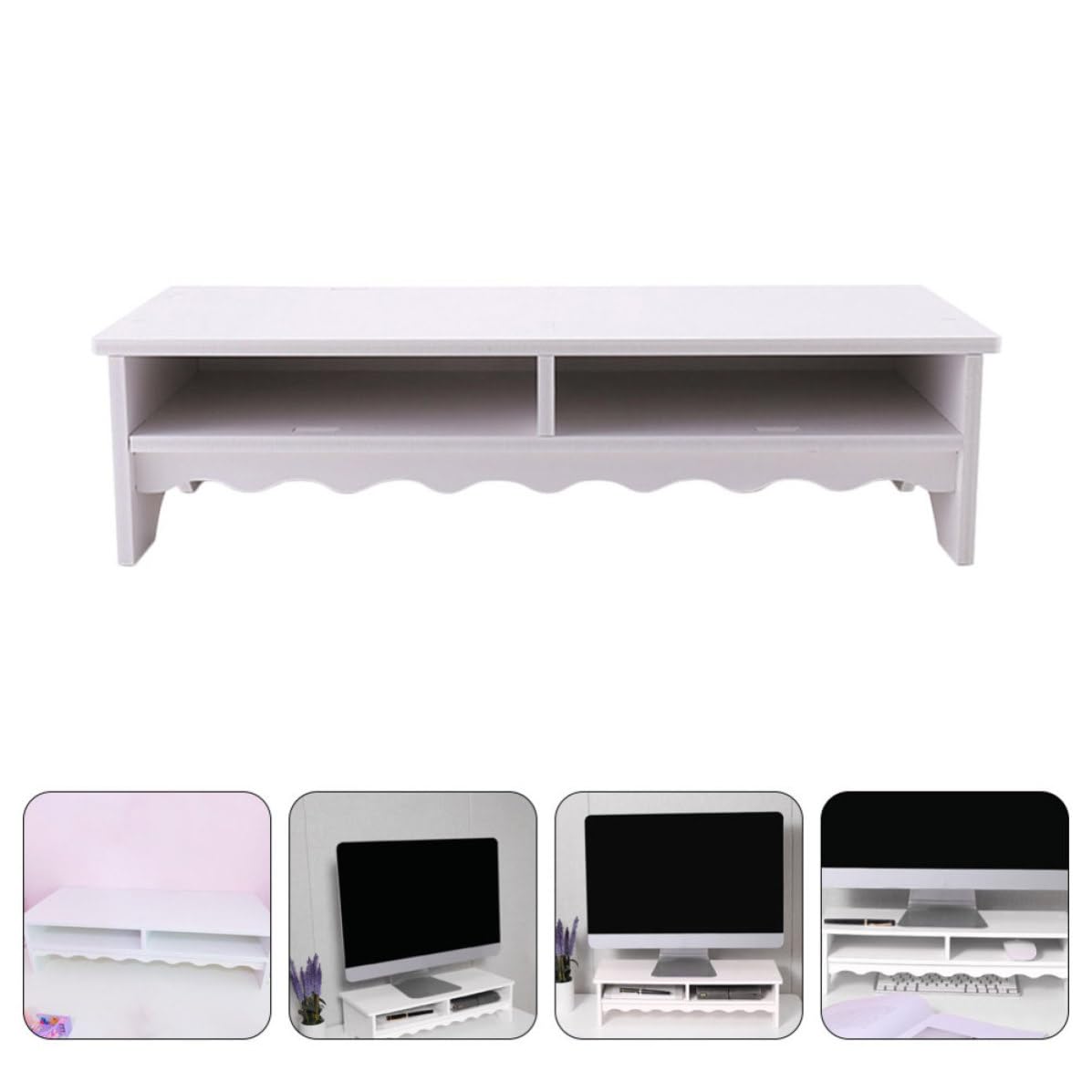 Supporto per Monitor da Tavolo Bianco con Ripiano Organizer | Composito Pvc Legno-plastica, Capienza Ampia, Uso Ufficio, Struttura Stabile per Impiego Prolungato