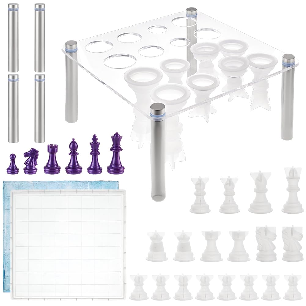 BENECREAT Chess DIY Kit with 1 Square Chess Piece Holder, 1 Chess Board Molds and 16 Silicone Chess Piece Molds for Family Party Board Games and Home Decoration