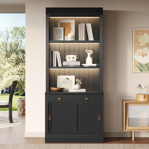 Image of 83.4 inch Tall Bookshelf with 3 Pieces LED Lighting, Modern Bookcase with Sliding Doors and Open Shelves,Storage Bookshelf for Living Room,Home Office,Black (Black)