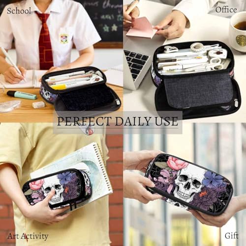 Image of Yekiua Skull Flowers Pen Bag Vintage Day Of The Dead Large Pencil Case Big Capacity Pencil Pouch Pencil Holder White Black