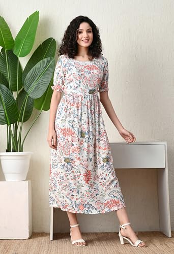 Image of Ichaa Women's Aqua Rayon Printed Maternity Dress with Feeding Zips and Pocket, in Plus Sizes
