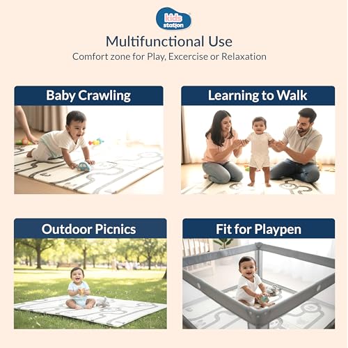 Image of Kids Station Double-Sided Waterproof Baby Playmat - Foldable, Portable & Reversible Foam Mat for Infants, Toddlers & Kids - Soft, Non-Slip, Easy-to-Clean Baby Crawling Mat for Indoor /Outdoor Use (200x150x1.0cm, Panda & Moon-Star Print)