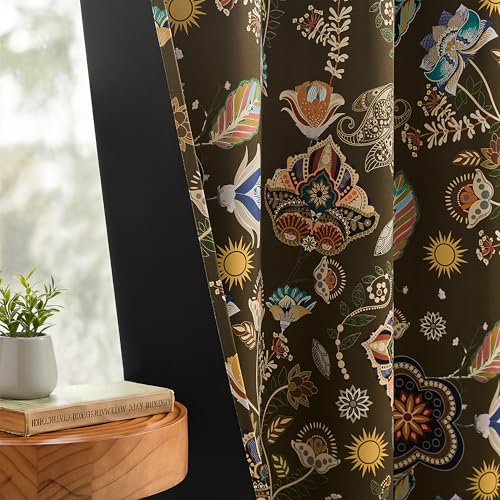 Image of XiDi Olive Green Blackout Curtains Vintage Floral Botanical Patterned Drape | Curtains 96 Inches Long Yellow Green Boho Framhouse Black Out Curtains & Drapes for Living Dining Room 2 Panels 52x96