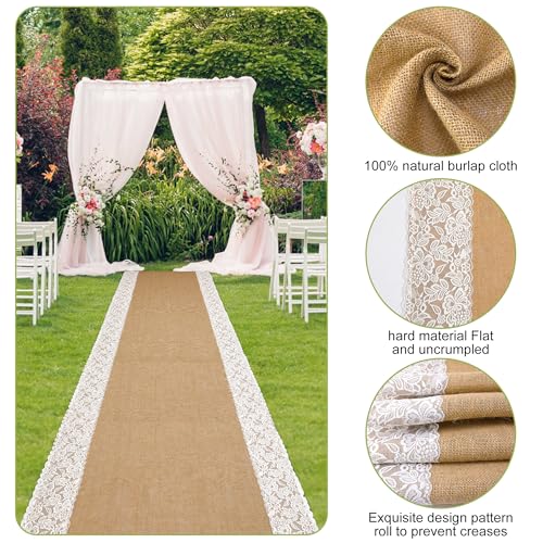 Image of 20Ftx36 in Natural Burlap Wedding Aisle Runner, Jute Weddings Runway Carpet | Rustic Ceremony Burlap Carpet Roll, Runway Carpet with Lace for Beach Garden Church Reception Craft Decoration