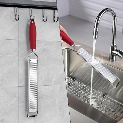 Image of Rainspire Zester Grater with Handle, Lemon Zester Cheese Grater for Kitchen Stainless Steel, Parmesan Cheese Garlic Nutmeg Chocolate Fruits Vegetables Ginger Grater, Fine, Red